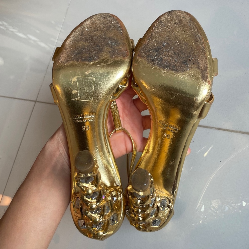 Gold Strappy High-Heel Sandals with Decorative Heel - Picture 8 of 8